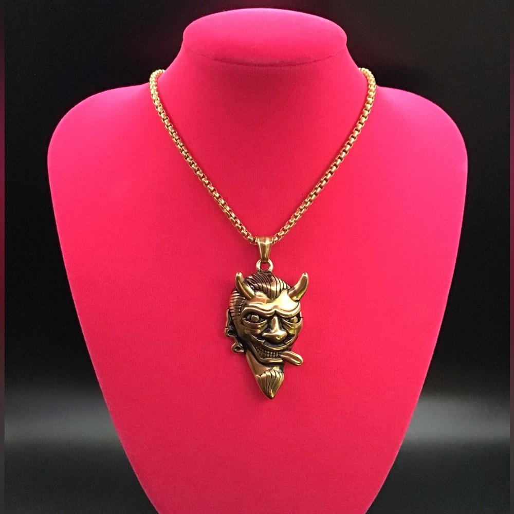 Gold Devil Face Pendant Necklace